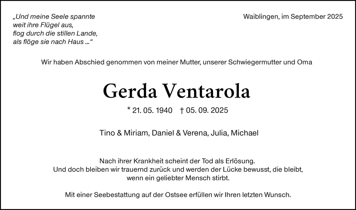 Todesanzeige Gerda Ventarola